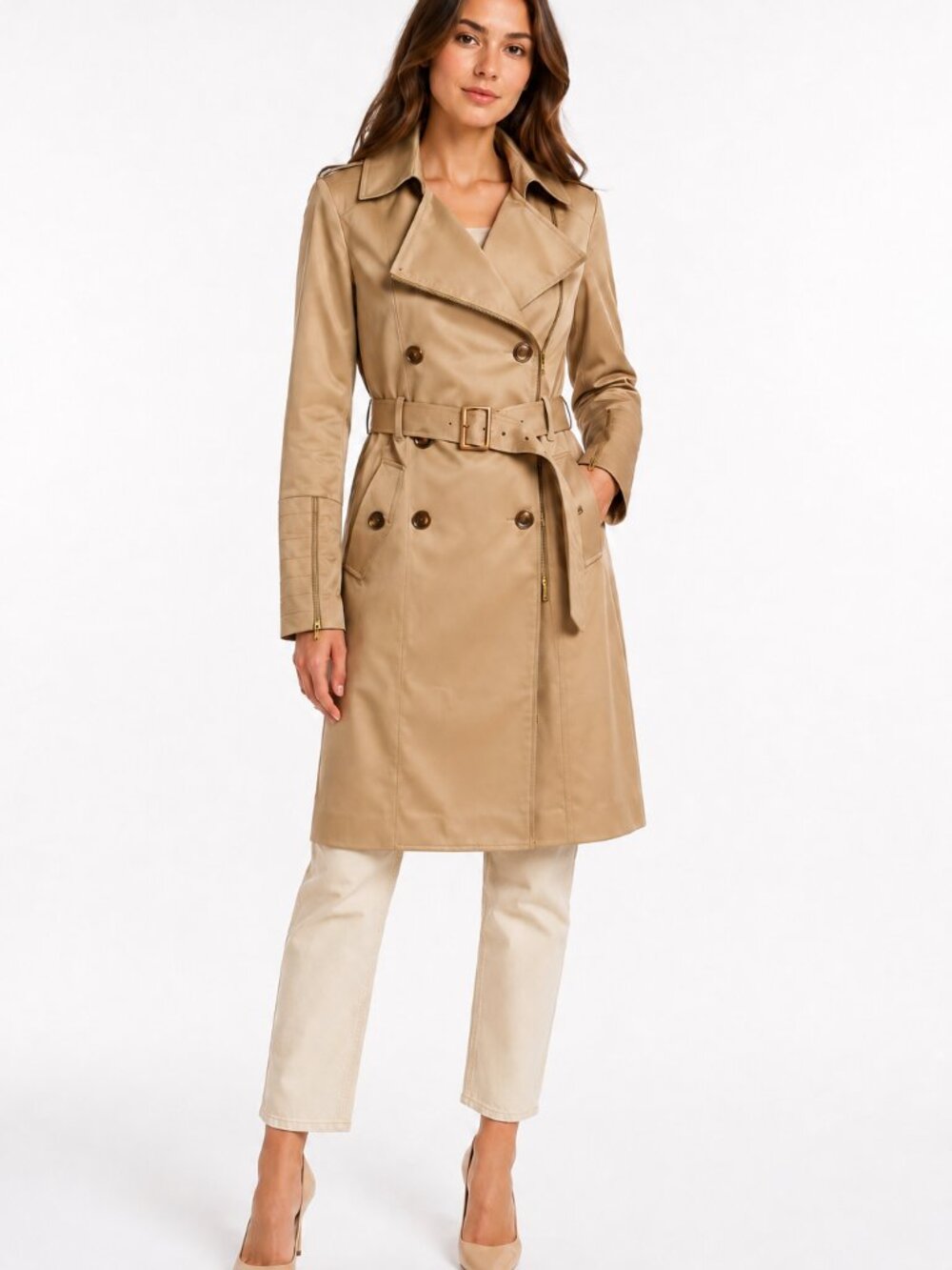AXARA Paris Tan Double-Breasted Belted Trench Coat Size 40 French Chic